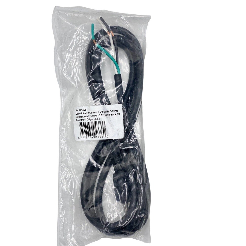 AC Power Cord NEMA 5-15P to Unterminated 16 AWG 3C SJT 300V Black 6 ft.‎